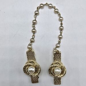 60's Faux Pearl Sweater Clips Textured Gold Tone Sweater Guards Accessories Vtg